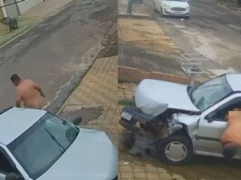 VÍDEO: Ladrão atrapalhado rouba carro, bate o veículo e foge pelado pela rua