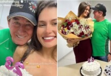 Amado Batista faz surpresa nos 23 anos da namorada miss