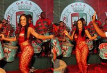 Ex-BBB e cunhã do Garantido, Isabelle Nogueira estreia na Grande Rio com samba e elegância