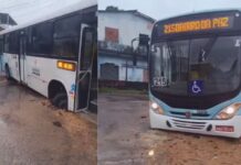 Ônibus da linha 215 cai em buraco após temporal e chama atenção em Manaus
