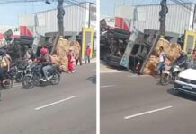 Carreta perde o controle, invade a contramão e tomba na Avenida Grande Circular em Manaus