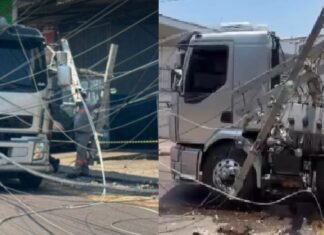 Caminhão enrosca em fiação, derruba poste com transformador e deixa área sem energia em Manaus